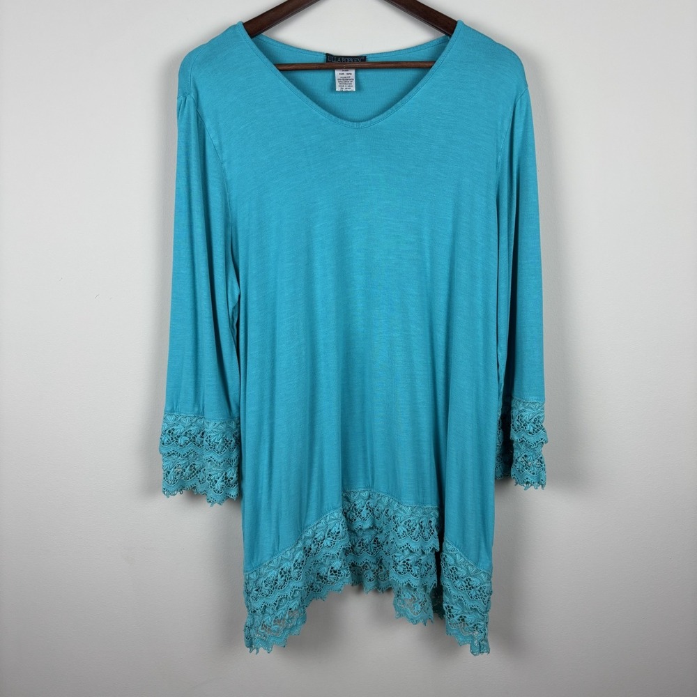 Ulla Popken Tunic Top Womens 16/18 Blue Lace Trim 3/4 Sleeve V-Neck Knit Boho